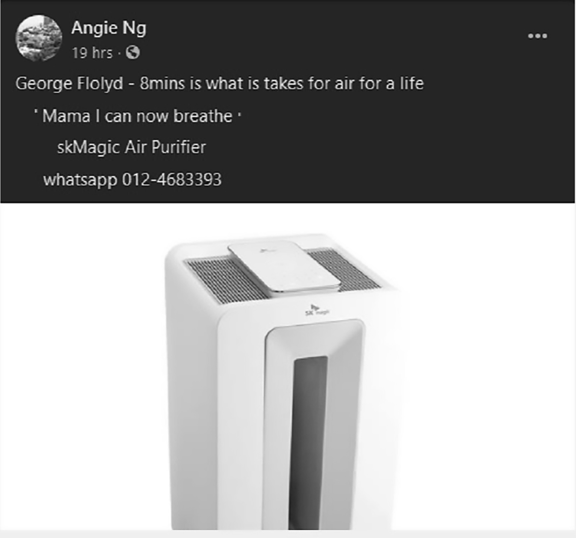 Read more about the article Netizen Uses Floyds I Cant Breathe To Sell Air Purifier