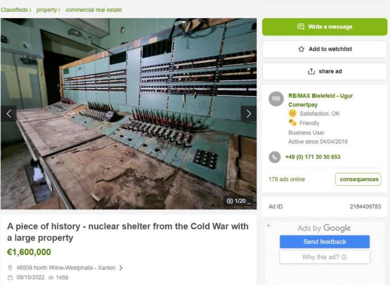 Read more about the article German Cold War Nuclear Fallout Bunker For Sale On eBay For EUR 1.6 Million
